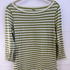 Three Dots Green White Striped Boatneck 3/4 Sleeve Top Size L Made in USA
